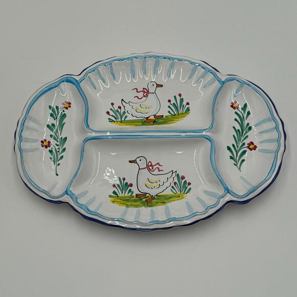 Deruta Italian HandPainted Geese Divided Platter 13.5x9.5 · Blue/White - Picture 1 of 10
